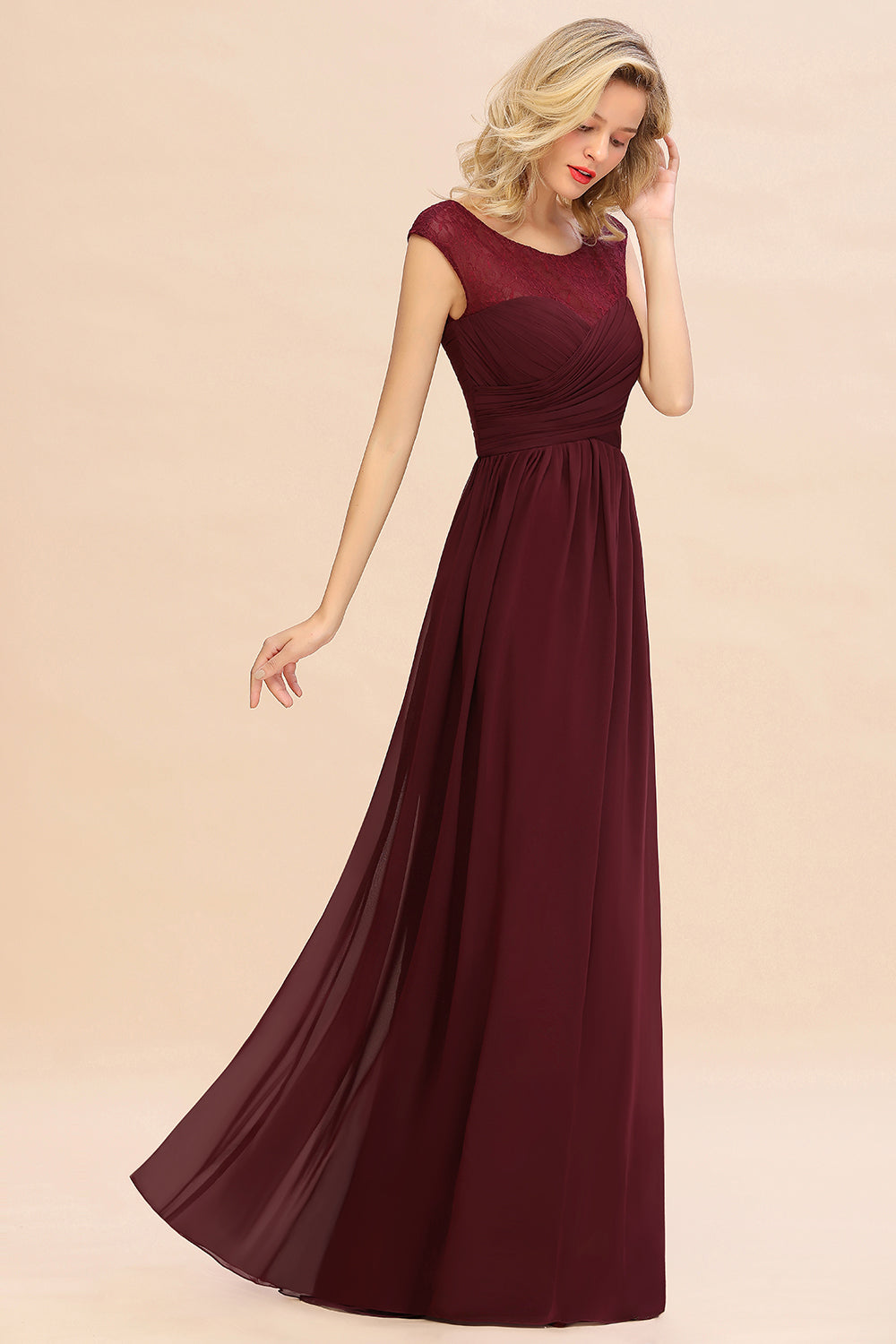 Modest Burgundy Chiffon Sleeveless Ruffle Bridesmaid Dresses Affordable - Fashionpara