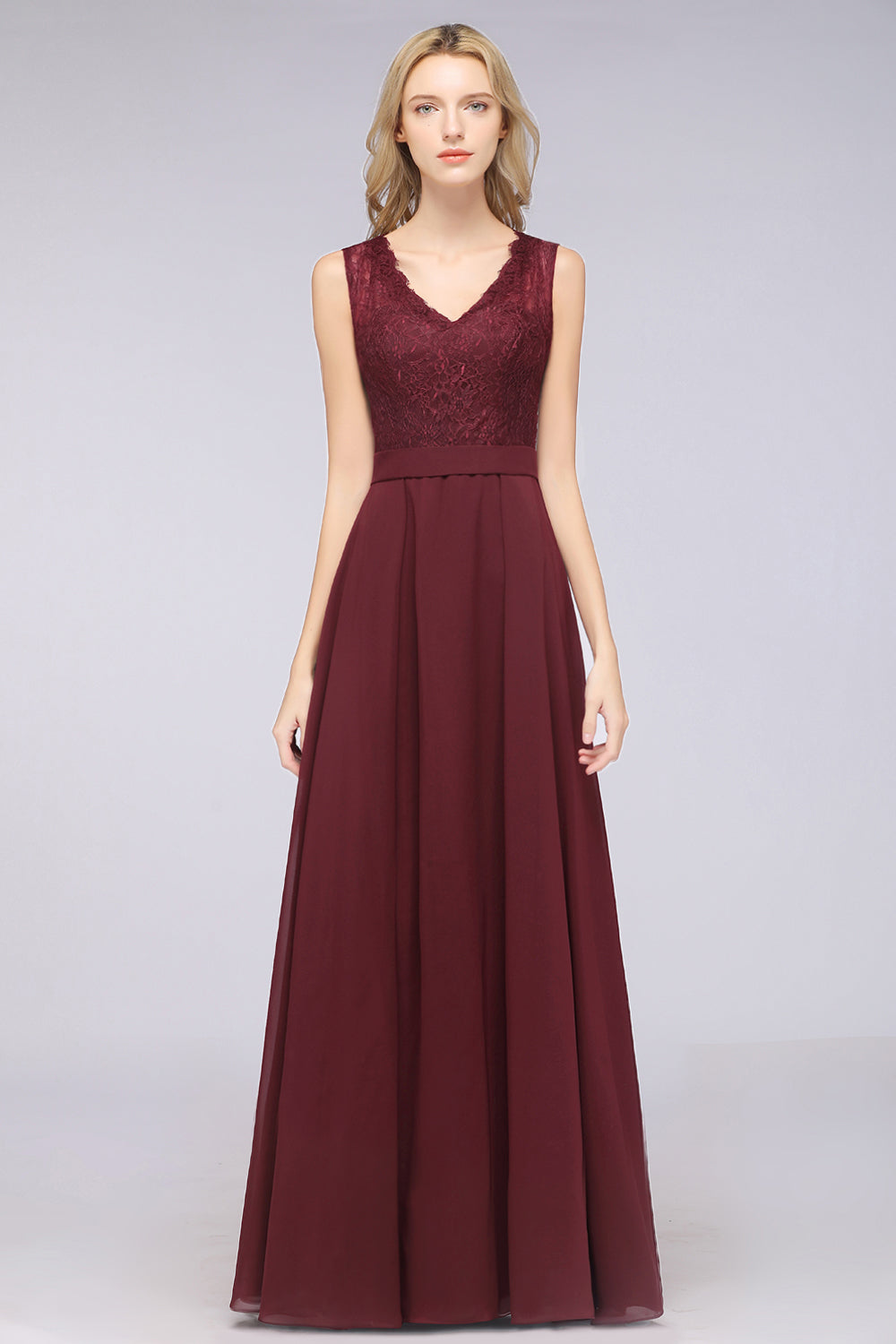 Modest Chiffon V-Neck Burgundy Lace Bridesmaid dresses - Fashionpara