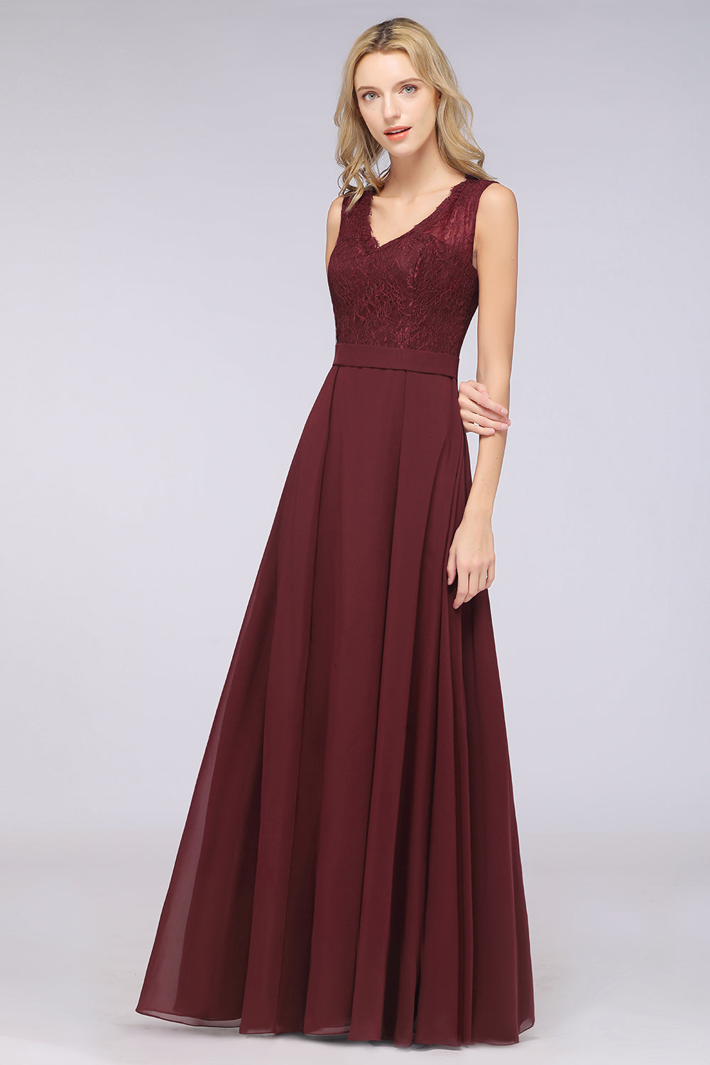 Modest Chiffon V-Neck Burgundy Lace Bridesmaid dresses - Fashionpara