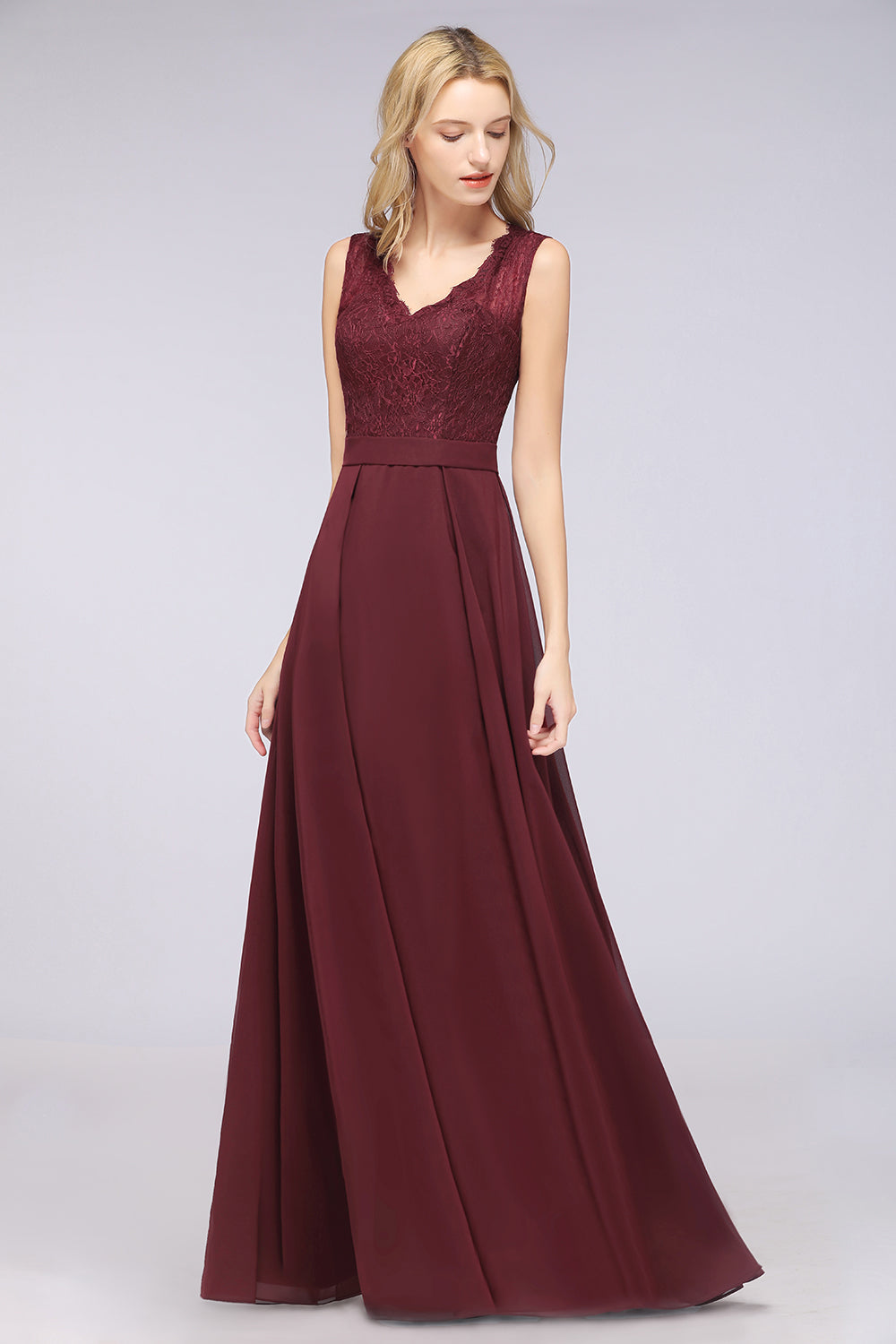 Modest Chiffon V-Neck Burgundy Lace Bridesmaid dresses - Fashionpara