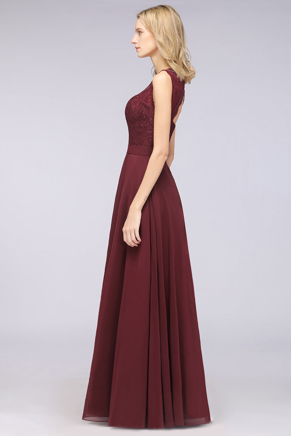 Modest Chiffon V-Neck Burgundy Lace Bridesmaid dresses - Fashionpara