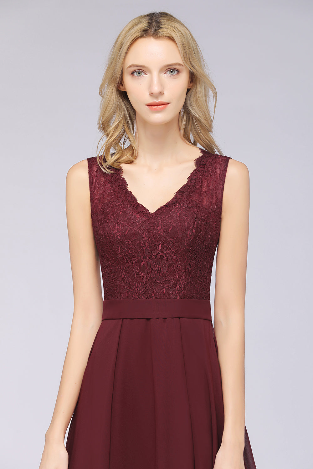 Modest Chiffon V-Neck Burgundy Lace Bridesmaid dresses - Fashionpara