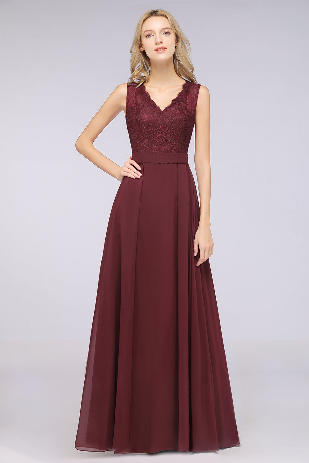 Modest Chiffon V-Neck Burgundy Lace Bridesmaid dresses