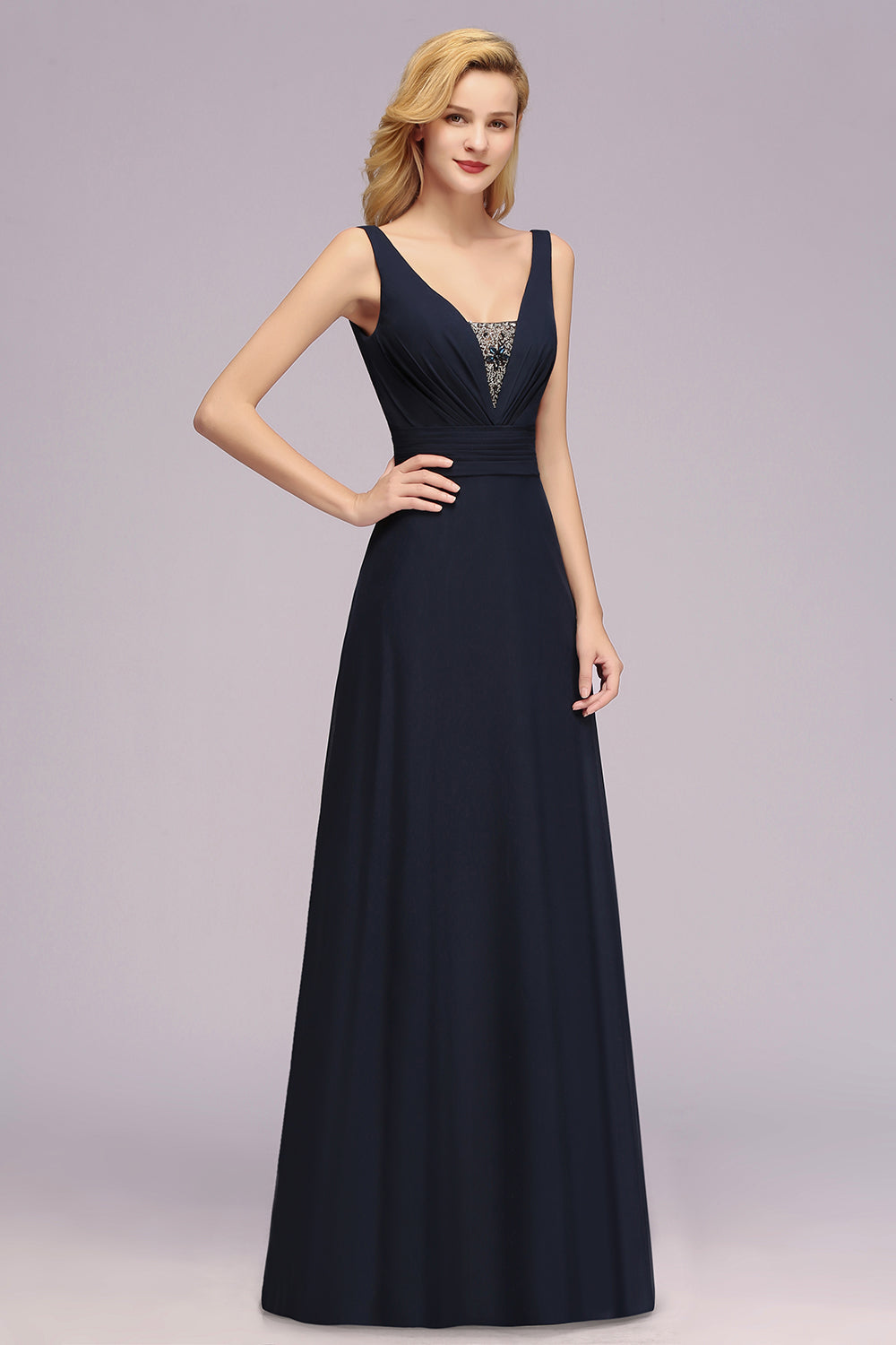 Modest Chiffon V-Neck Long Bridesmaid Dresses with Beadings - Fashionpara