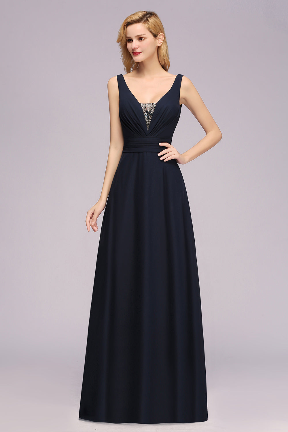 Modest Chiffon V-Neck Long Bridesmaid Dresses with Beadings - Fashionpara