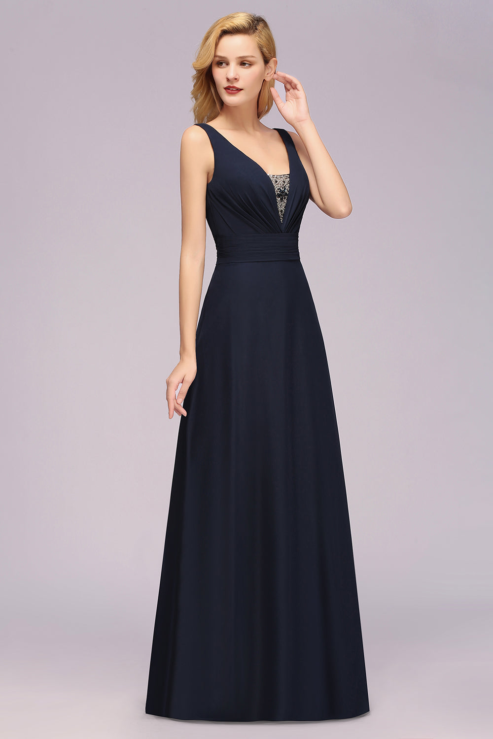 Modest Chiffon V-Neck Long Bridesmaid Dresses with Beadings - Fashionpara