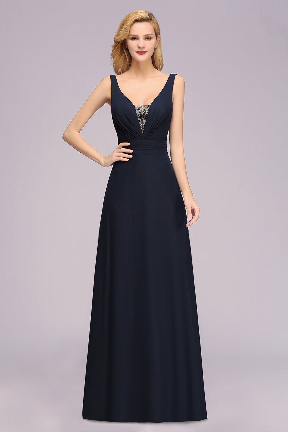 Modest Chiffon V-Neck Long Bridesmaid Dresses with Beadings - Fashionpara