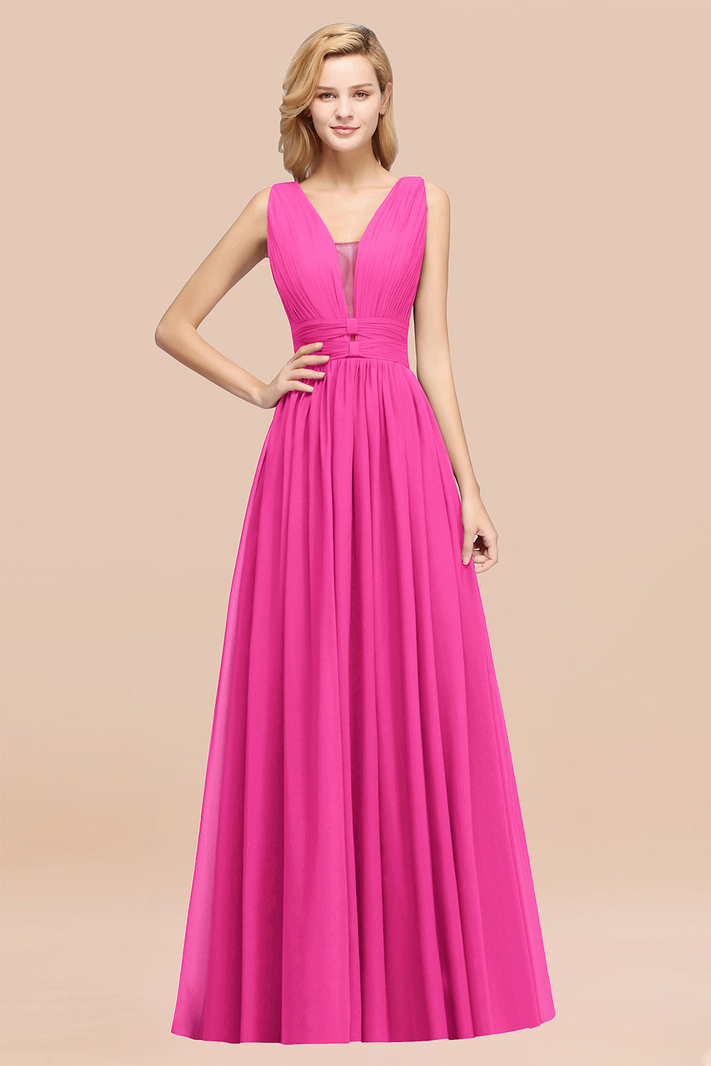 Modest Dark Green Long Bridesmaid Dresses Deep V-Neck Chiffon Maid of Honor Dress - Fashionpara