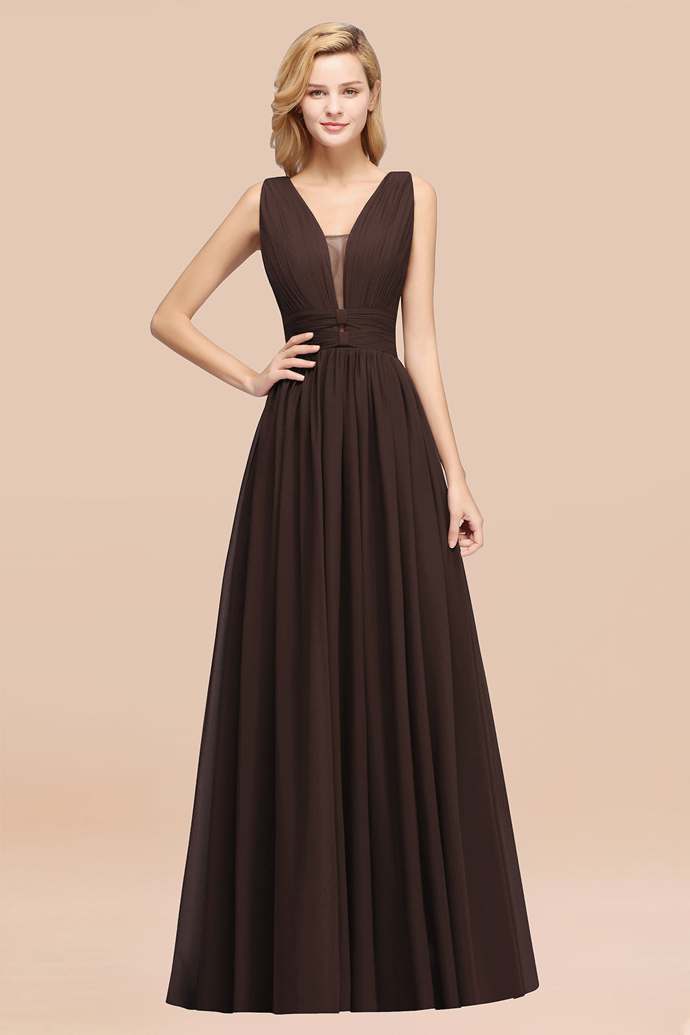 Modest Dark Green Long Bridesmaid Dresses Deep V-Neck Chiffon Maid of Honor Dress - Fashionpara