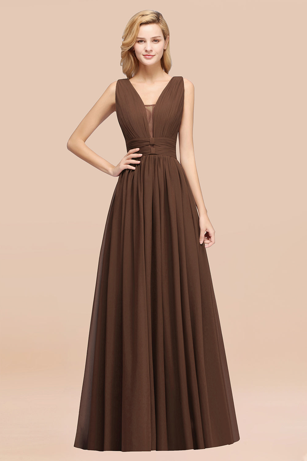 Modest Dark Green Long Bridesmaid Dresses Deep V-Neck Chiffon Maid of Honor Dress - Fashionpara