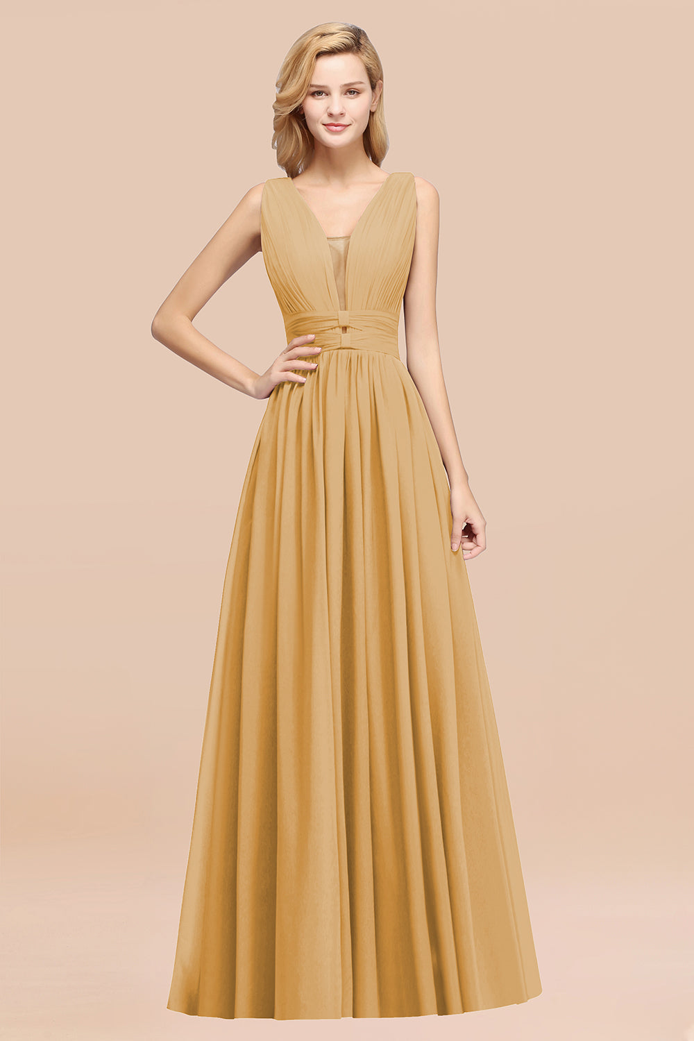 Modest Dark Green Long Bridesmaid Dresses Deep V-Neck Chiffon Maid of Honor Dress - Fashionpara
