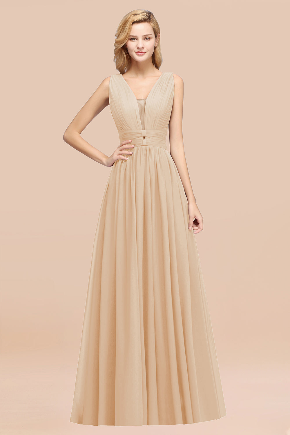 Modest Dark Green Long Bridesmaid Dresses Deep V-Neck Chiffon Maid of Honor Dress - Fashionpara