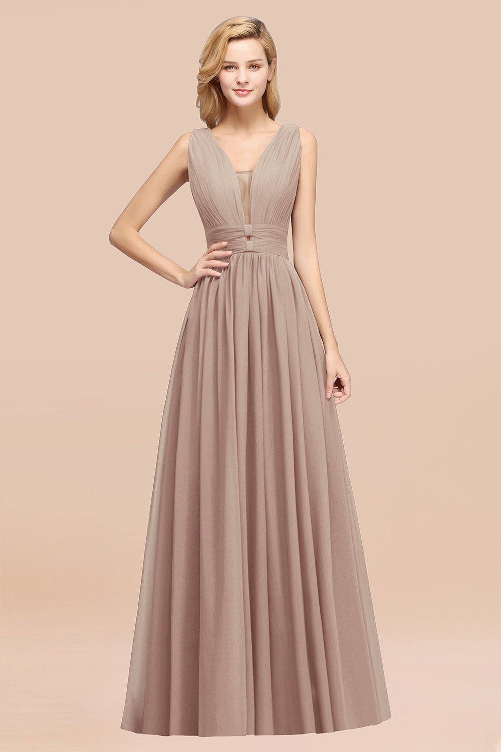 Modest Dark Green Long Bridesmaid Dresses Deep V-Neck Chiffon Maid of Honor Dress - Fashionpara