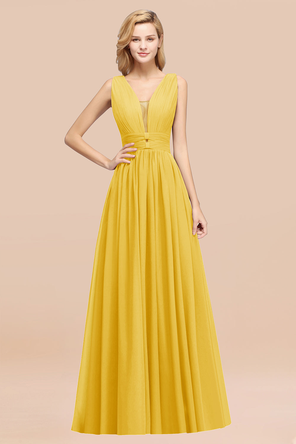 Modest Dark Green Long Bridesmaid Dresses Deep V-Neck Chiffon Maid of Honor Dress - Fashionpara
