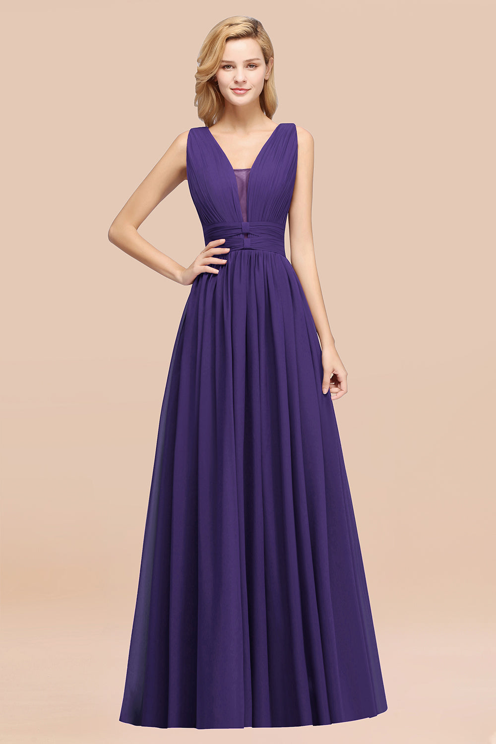 Modest Dark Green Long Bridesmaid Dresses Deep V-Neck Chiffon Maid of Honor Dress - Fashionpara
