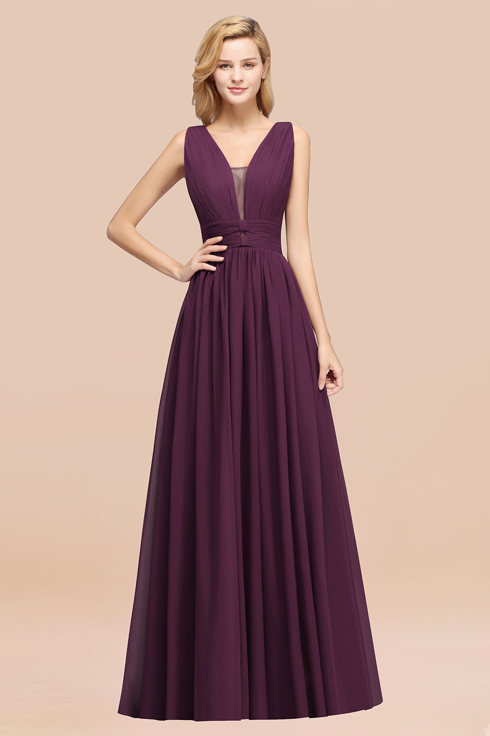 Modest Dark Green Long Bridesmaid Dresses Deep V-Neck Chiffon Maid of Honor Dress - Fashionpara