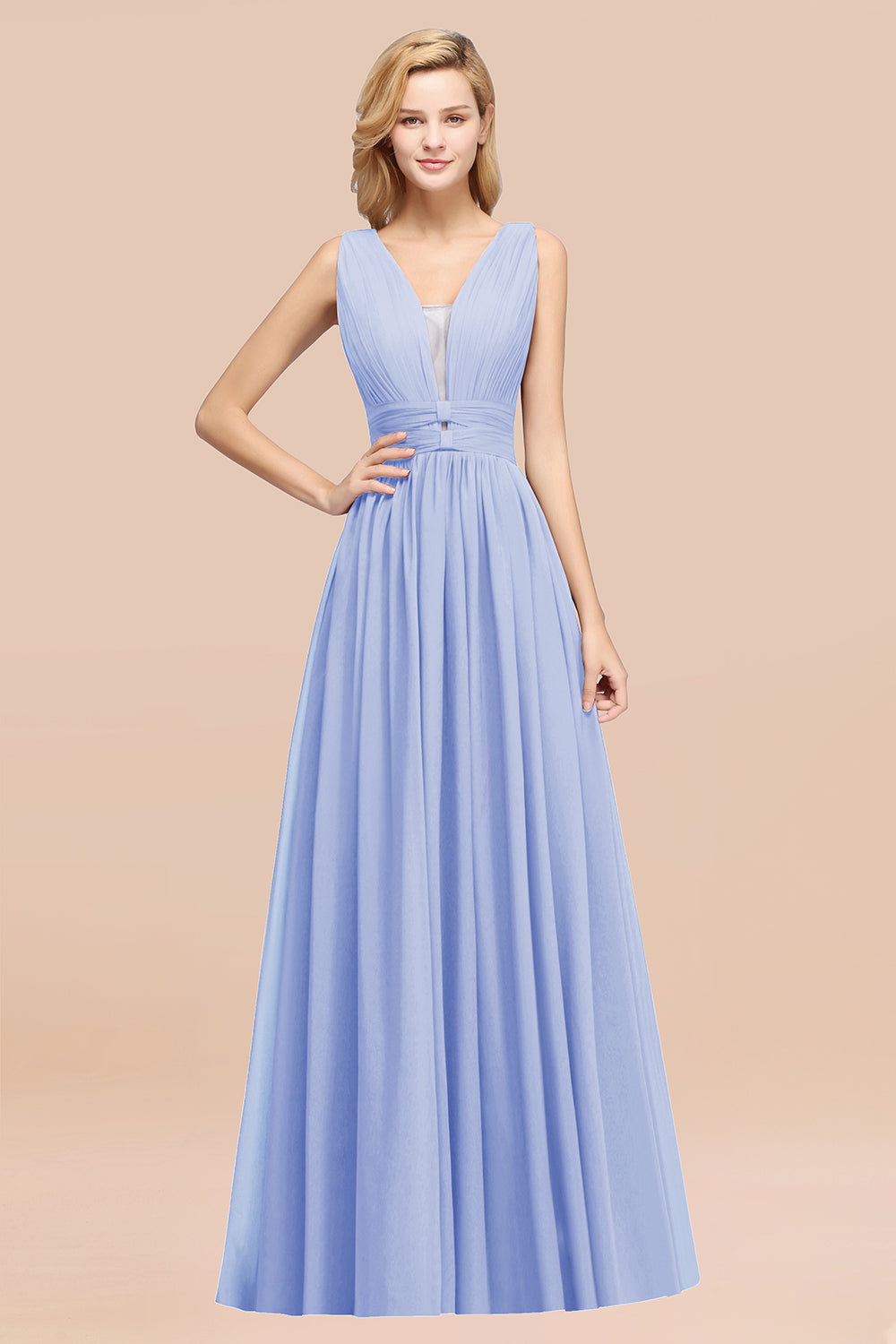Modest Dark Green Long Bridesmaid Dresses Deep V-Neck Chiffon Maid of Honor Dress - Fashionpara