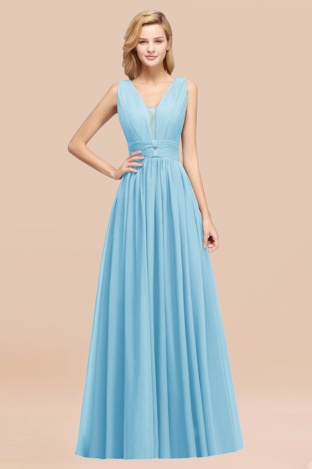 Modest Dark Green Long Bridesmaid Dresses Deep V-Neck Chiffon Maid of Honor Dress - Fashionpara