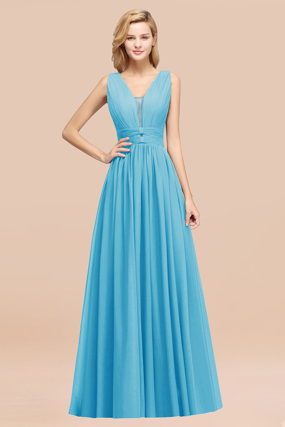 Modest Dark Green Long Bridesmaid Dresses Deep V-Neck Chiffon Maid of Honor Dress - Fashionpara
