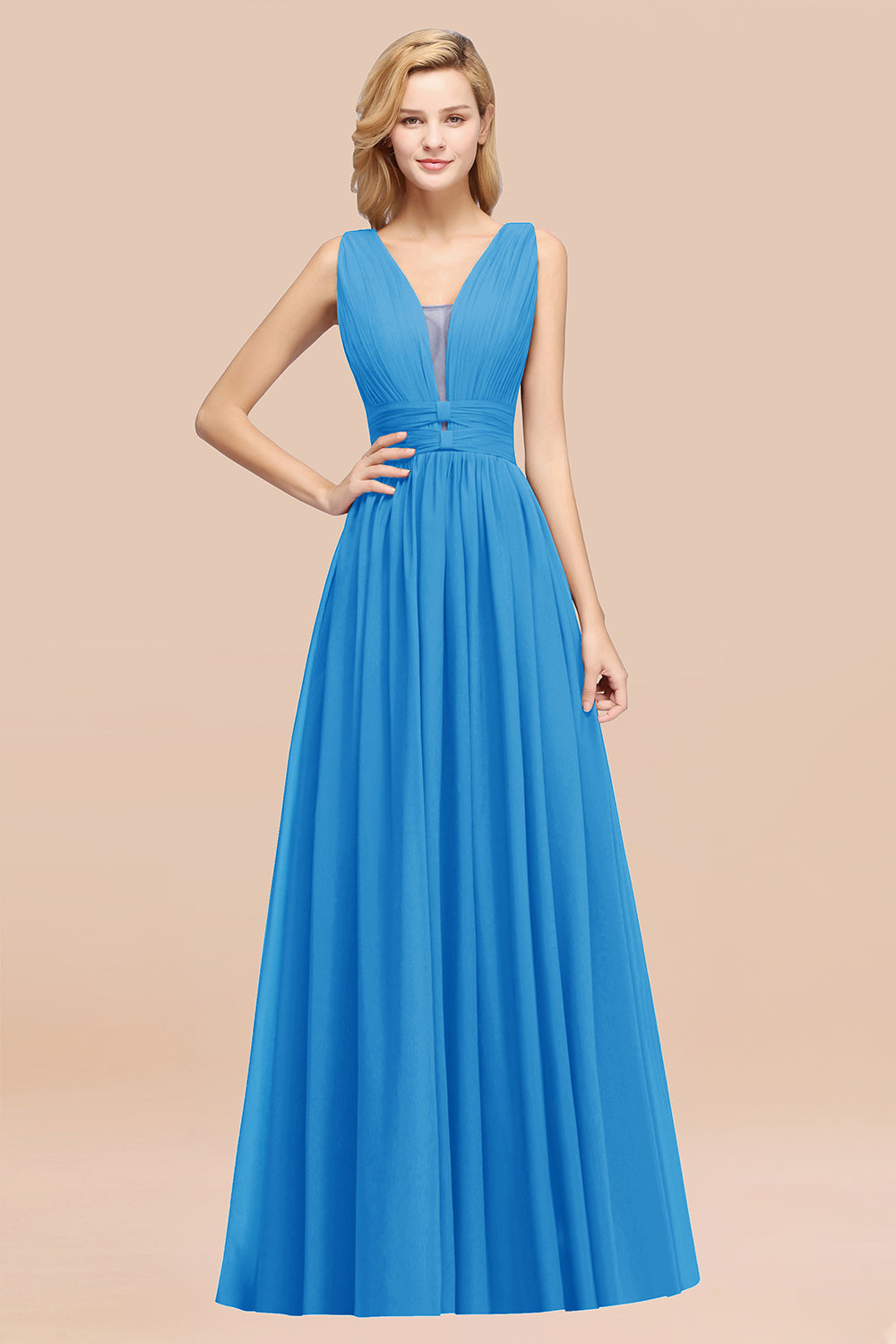 Modest Dark Green Long Bridesmaid Dresses Deep V-Neck Chiffon Maid of Honor Dress - Fashionpara