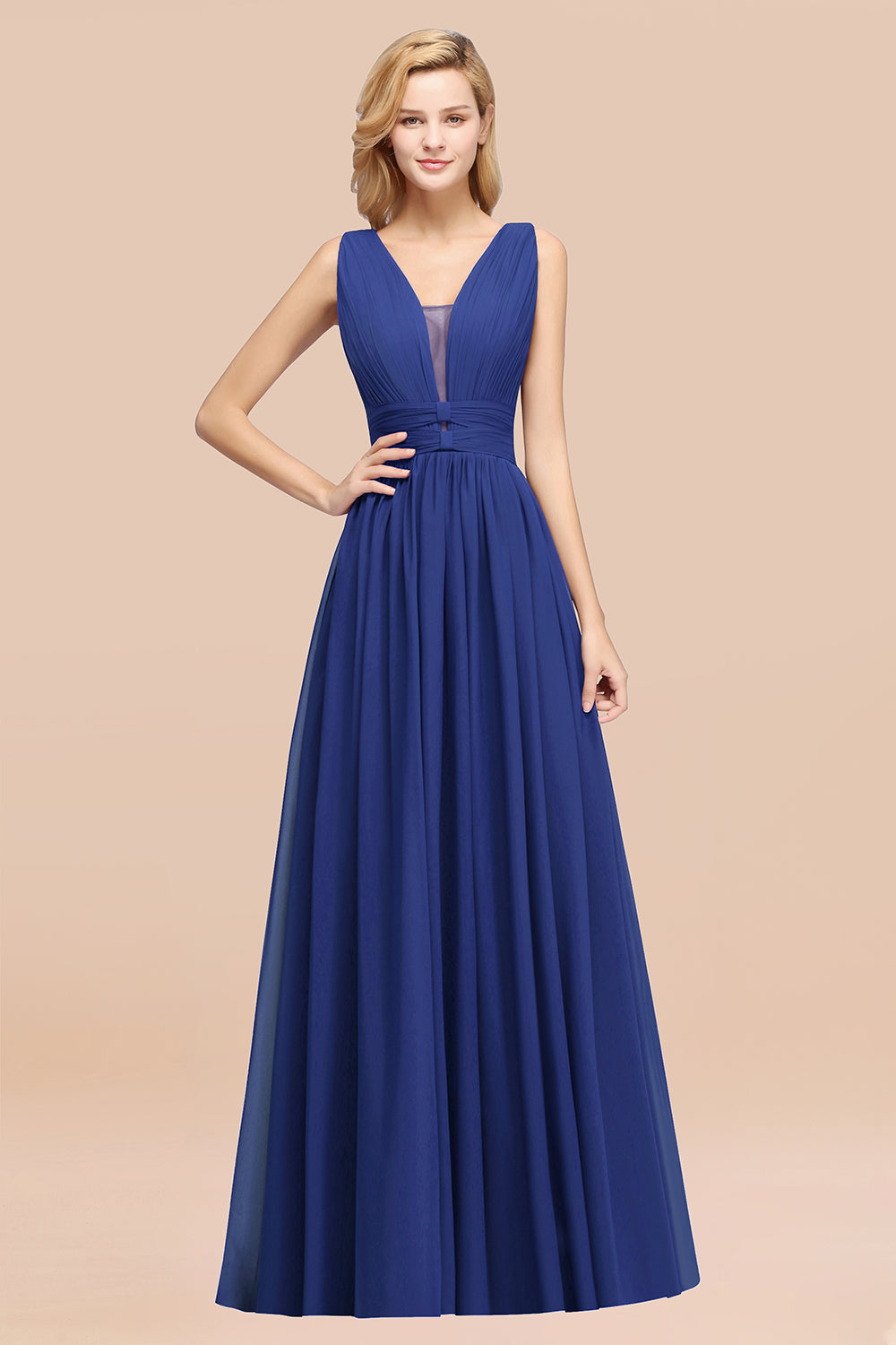 Modest Dark Green Long Bridesmaid Dresses Deep V-Neck Chiffon Maid of Honor Dress - Fashionpara
