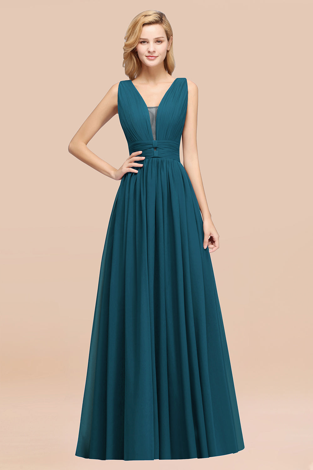 Modest Dark Green Long Bridesmaid Dresses Deep V-Neck Chiffon Maid of Honor Dress - Fashionpara
