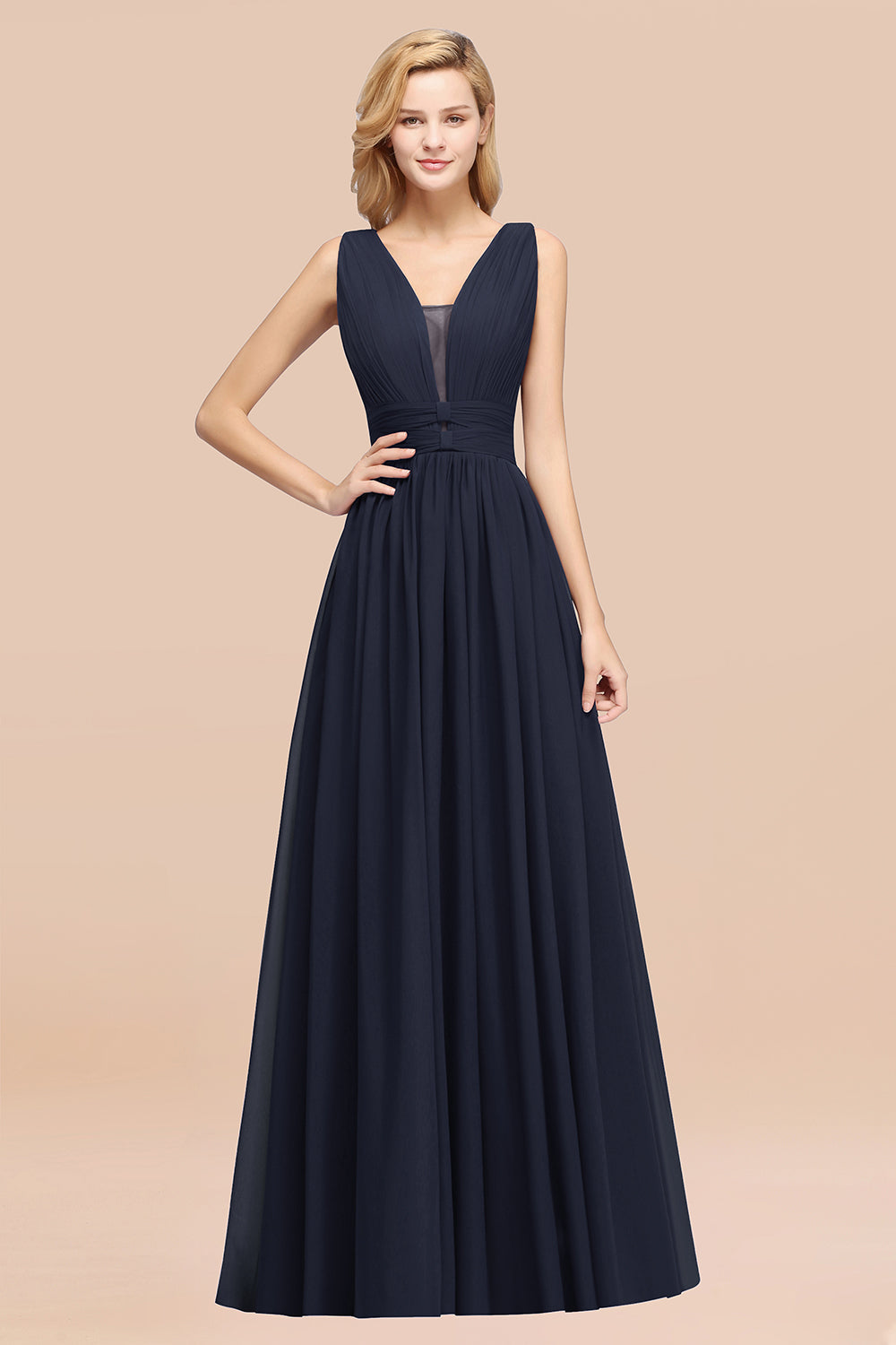 Modest Dark Green Long Bridesmaid Dresses Deep V-Neck Chiffon Maid of Honor Dress - Fashionpara