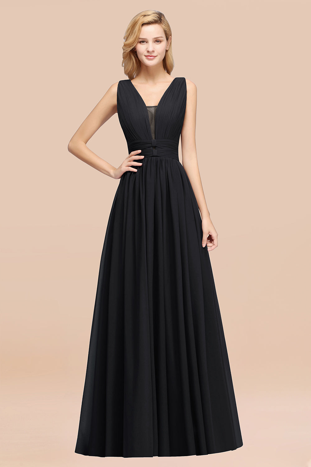 Modest Dark Green Long Bridesmaid Dresses Deep V-Neck Chiffon Maid of Honor Dress - Fashionpara