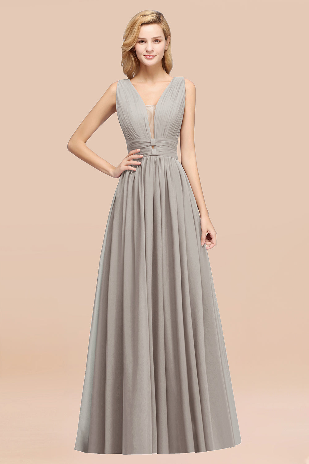 Modest Dark Green Long Bridesmaid Dresses Deep V-Neck Chiffon Maid of Honor Dress - Fashionpara