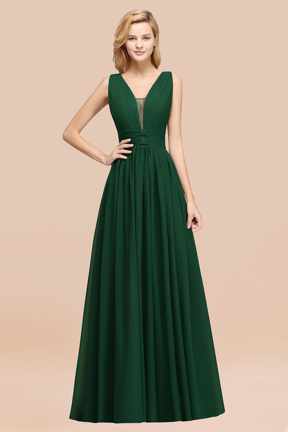 Modest Dark Green Long Bridesmaid Dresses Deep V-Neck Chiffon Maid of Honor Dress - Fashionpara