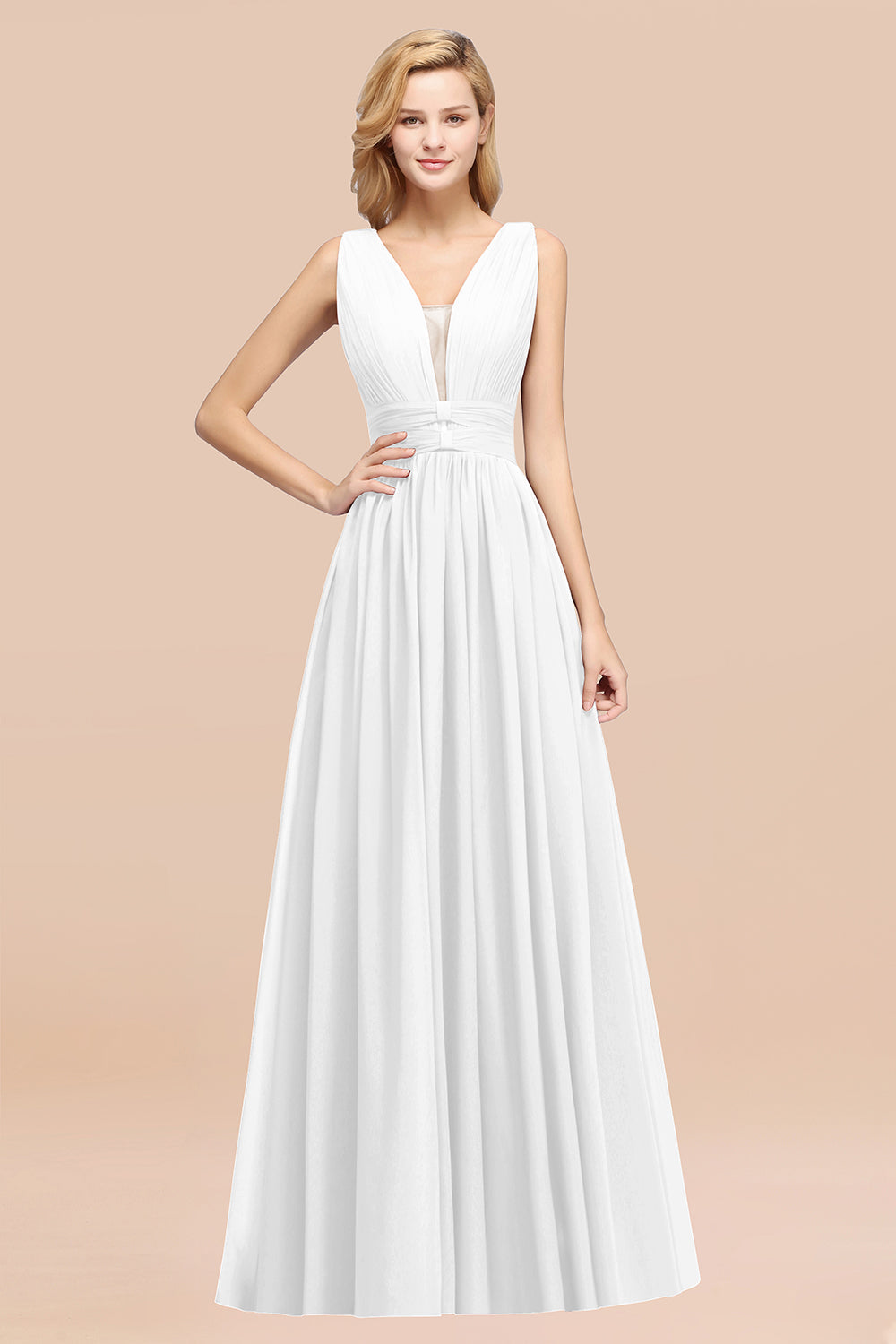 Modest Dark Green Long Bridesmaid Dresses Deep V-Neck Chiffon Maid of Honor Dress - Fashionpara