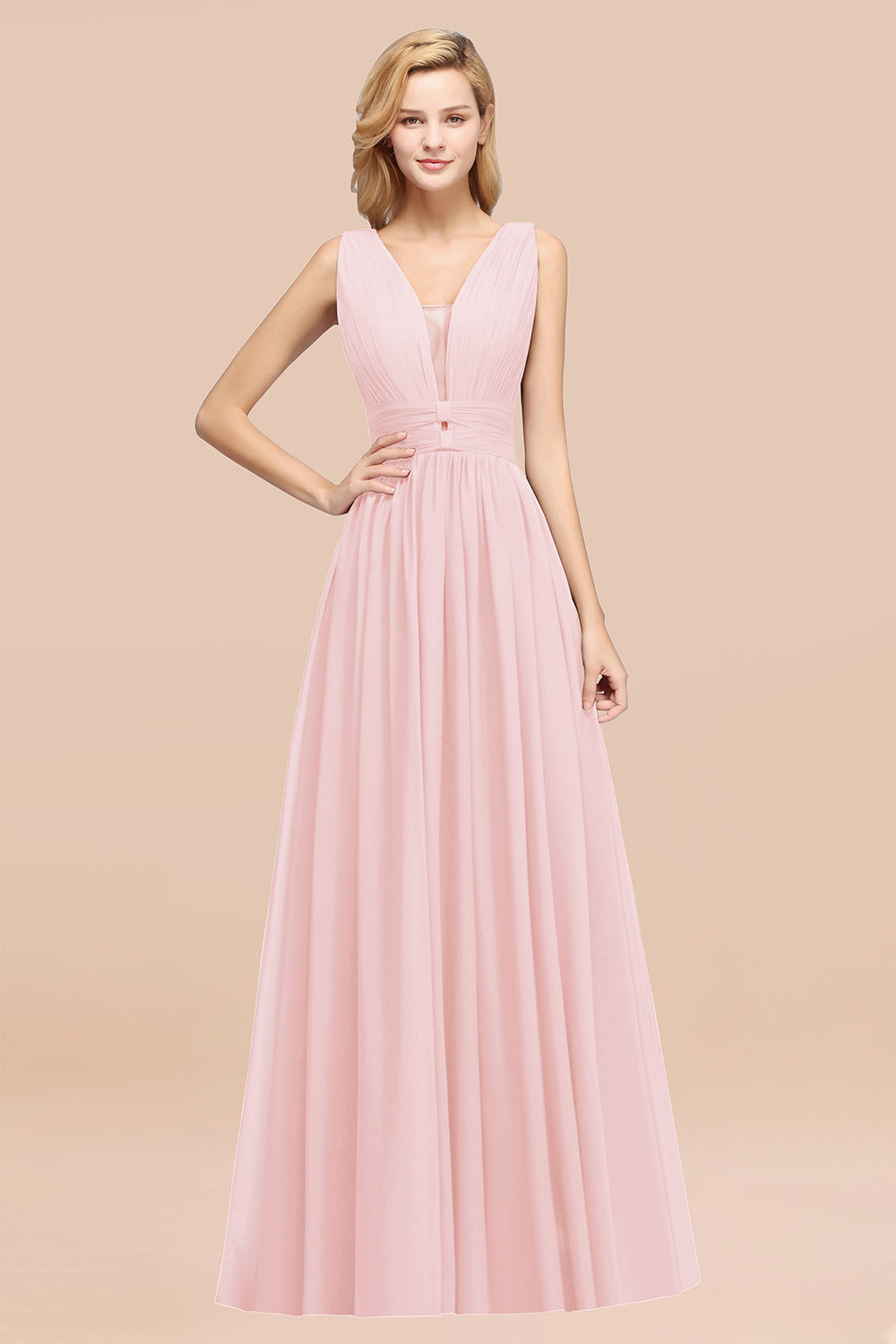 Modest Dark Green Long Bridesmaid Dresses Deep V-Neck Chiffon Maid of Honor Dress - Fashionpara