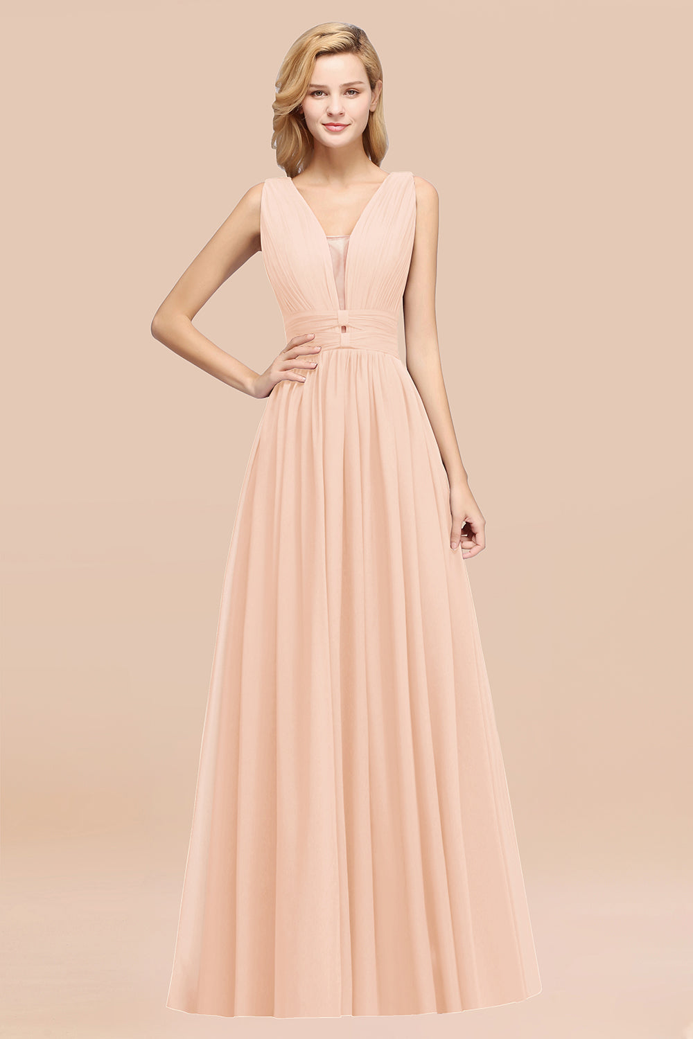 Modest Dark Green Long Bridesmaid Dresses Deep V-Neck Chiffon Maid of Honor Dress - Fashionpara