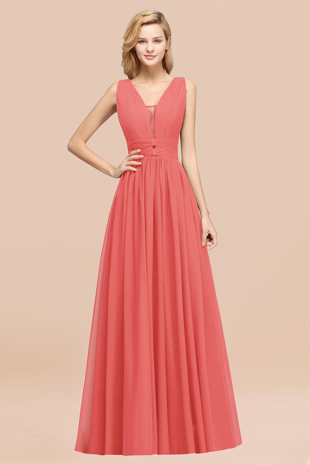 Modest Dark Green Long Bridesmaid Dresses Deep V-Neck Chiffon Maid of Honor Dress - Fashionpara