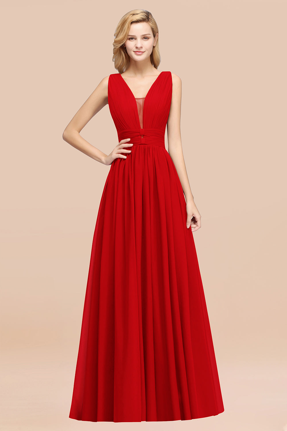 Modest Dark Green Long Bridesmaid Dresses Deep V-Neck Chiffon Maid of Honor Dress - Fashionpara
