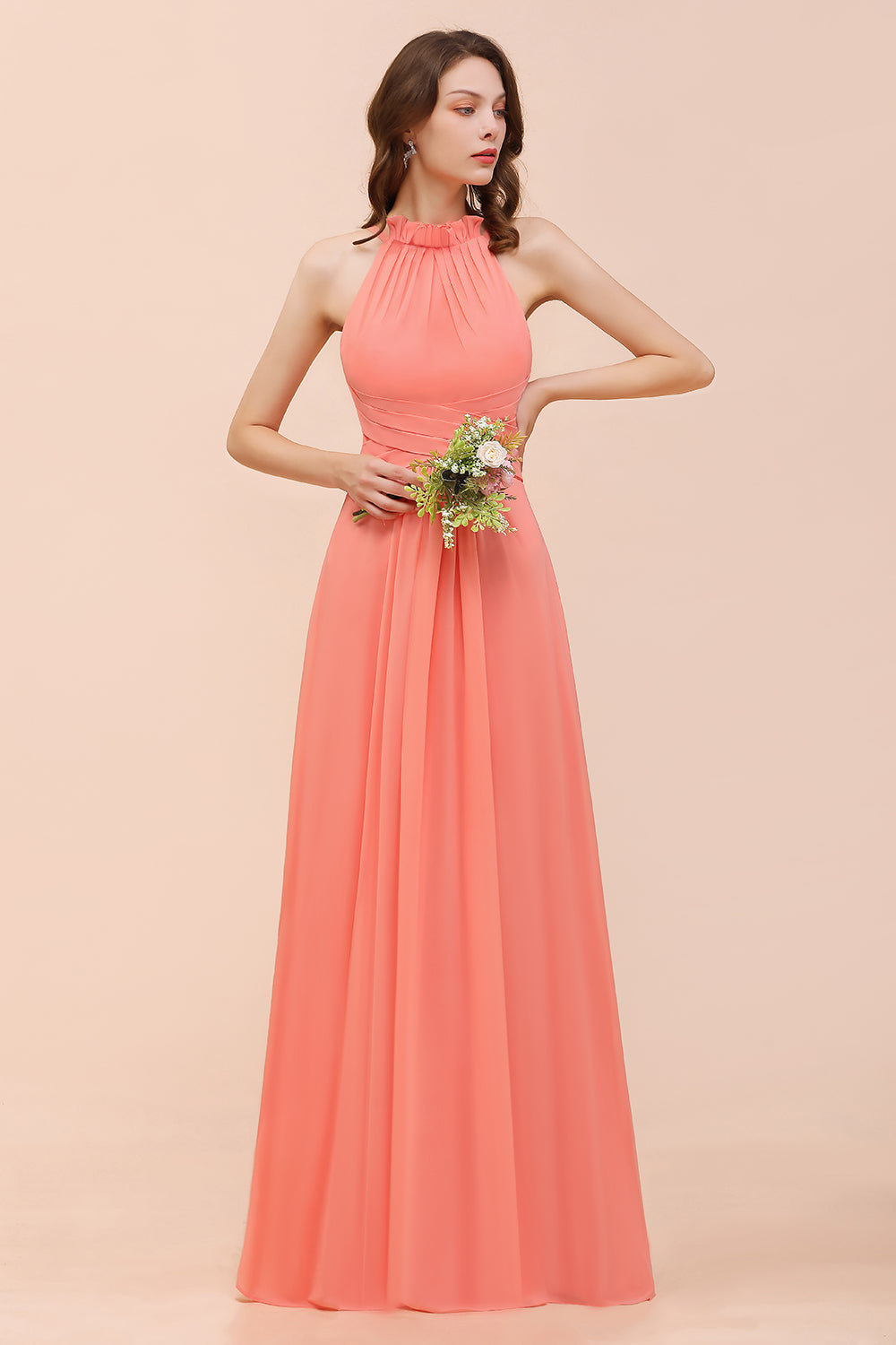 Modest Halter Ruffle Coral Chiffon Affordable Bridesmaid Dresses - Fashionpara