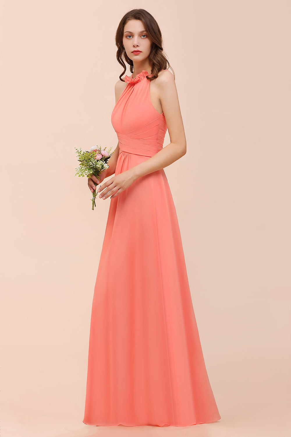 Modest Halter Ruffle Coral Chiffon Affordable Bridesmaid Dresses - Fashionpara