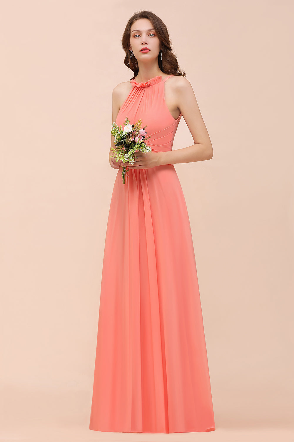Modest Halter Ruffle Coral Chiffon Affordable Bridesmaid Dresses - Fashionpara