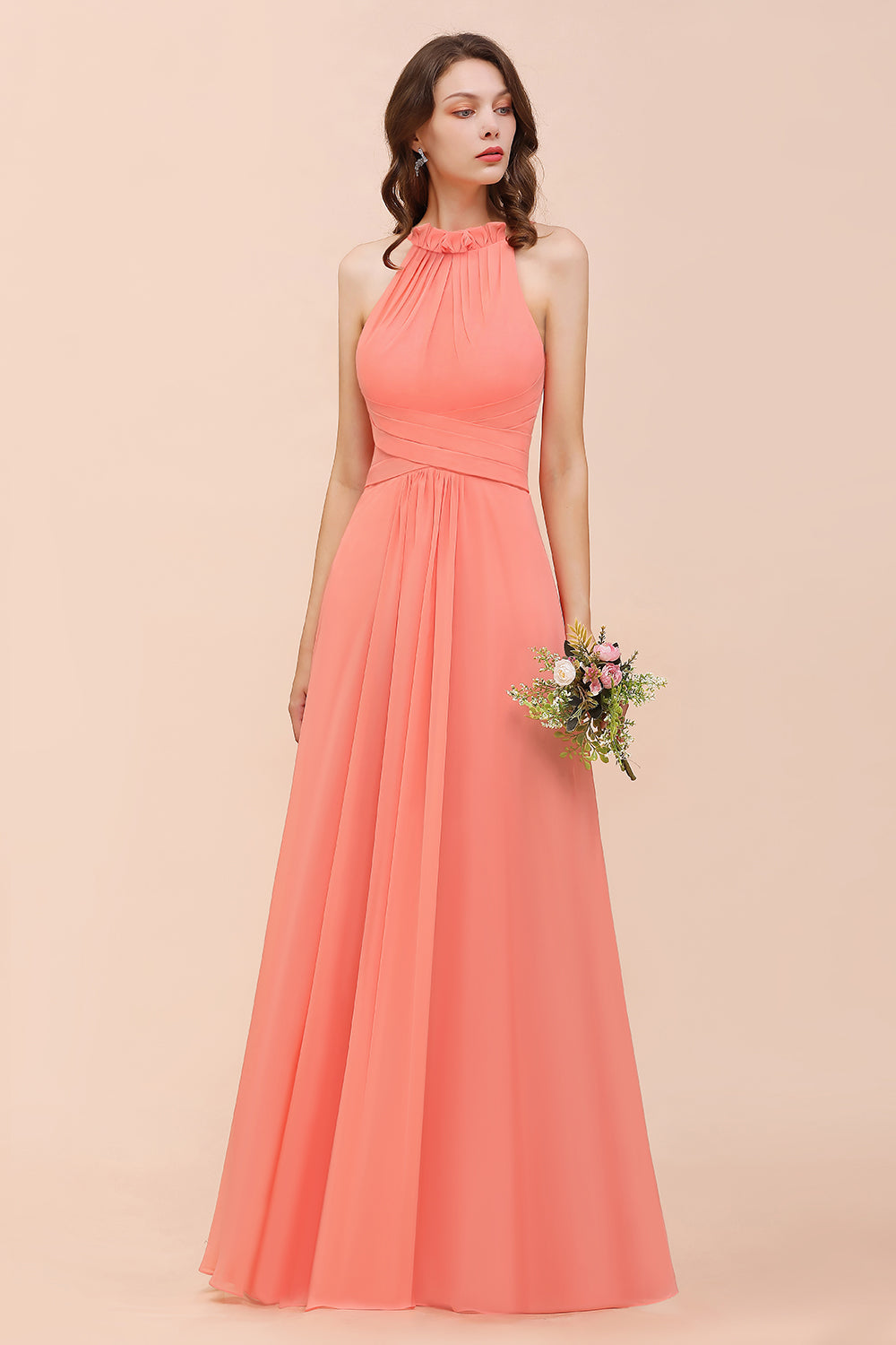 Modest Halter Ruffle Coral Chiffon Affordable Bridesmaid Dresses - Fashionpara