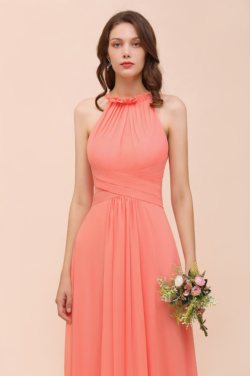 Modest Halter Ruffle Coral Chiffon Affordable Bridesmaid Dresses - Fashionpara