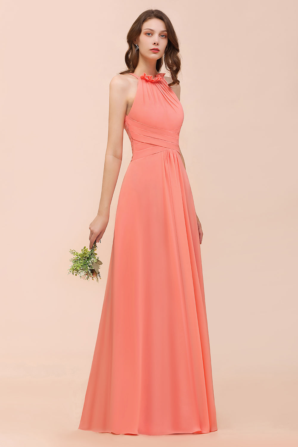 Modest Halter Ruffle Coral Chiffon Affordable Bridesmaid Dresses - Fashionpara