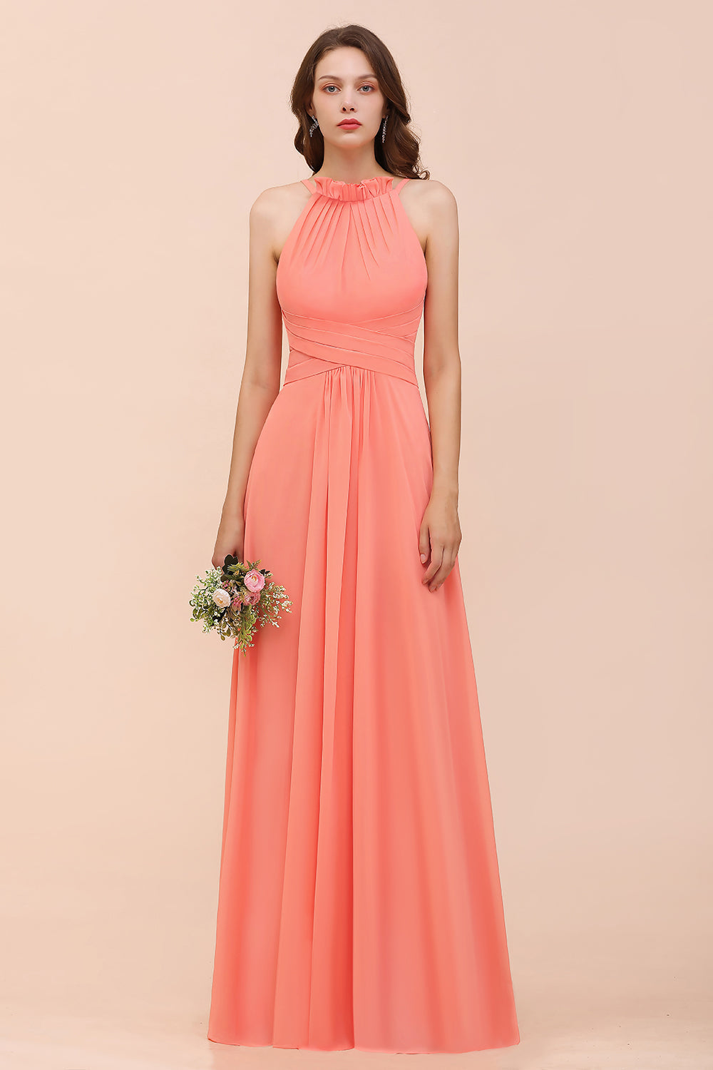 Modest Halter Ruffle Coral Chiffon Affordable Bridesmaid Dresses - Fashionpara