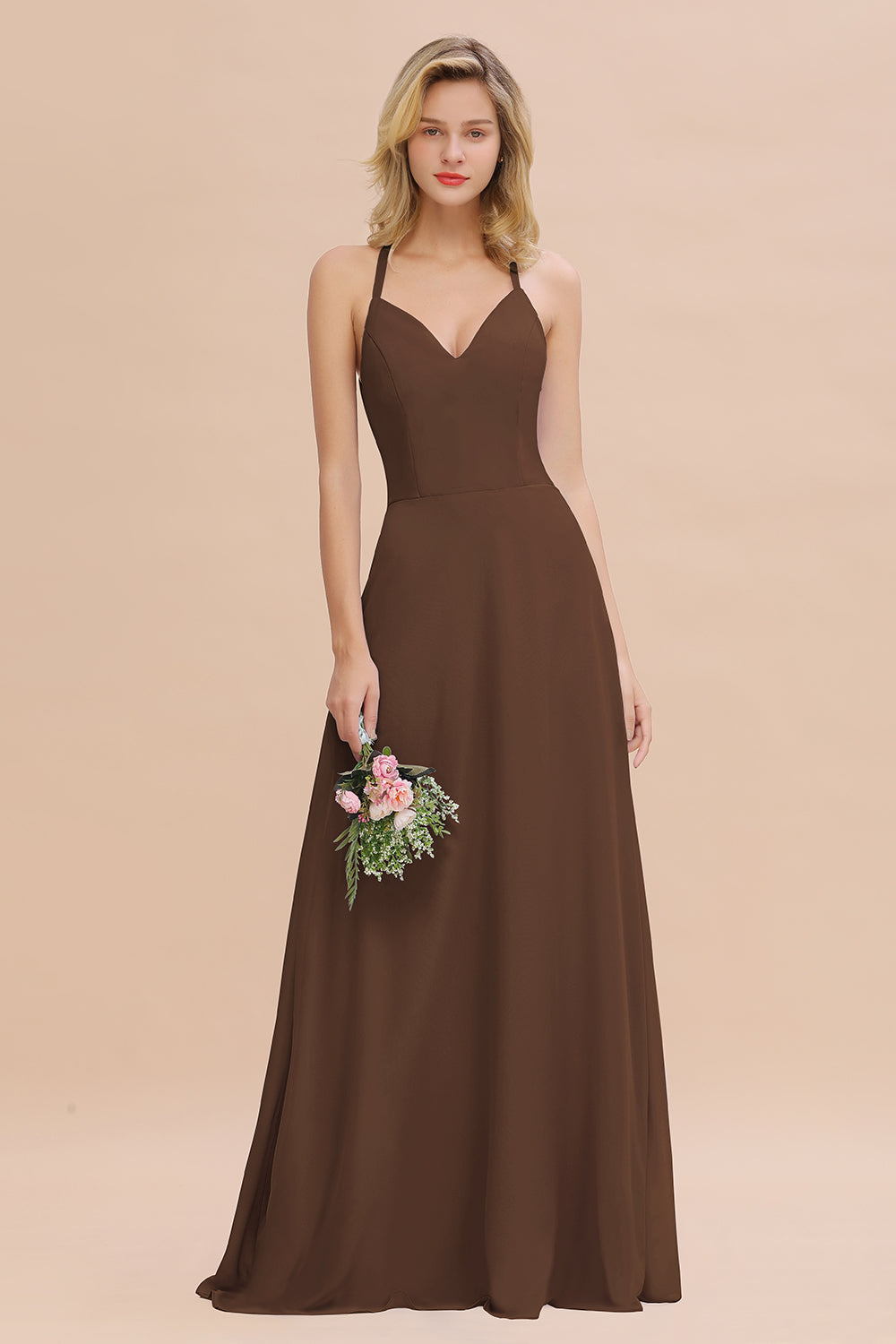 Modest Halter V-Neck Sleeveless Long Bridesmaid dresses - Fashionpara