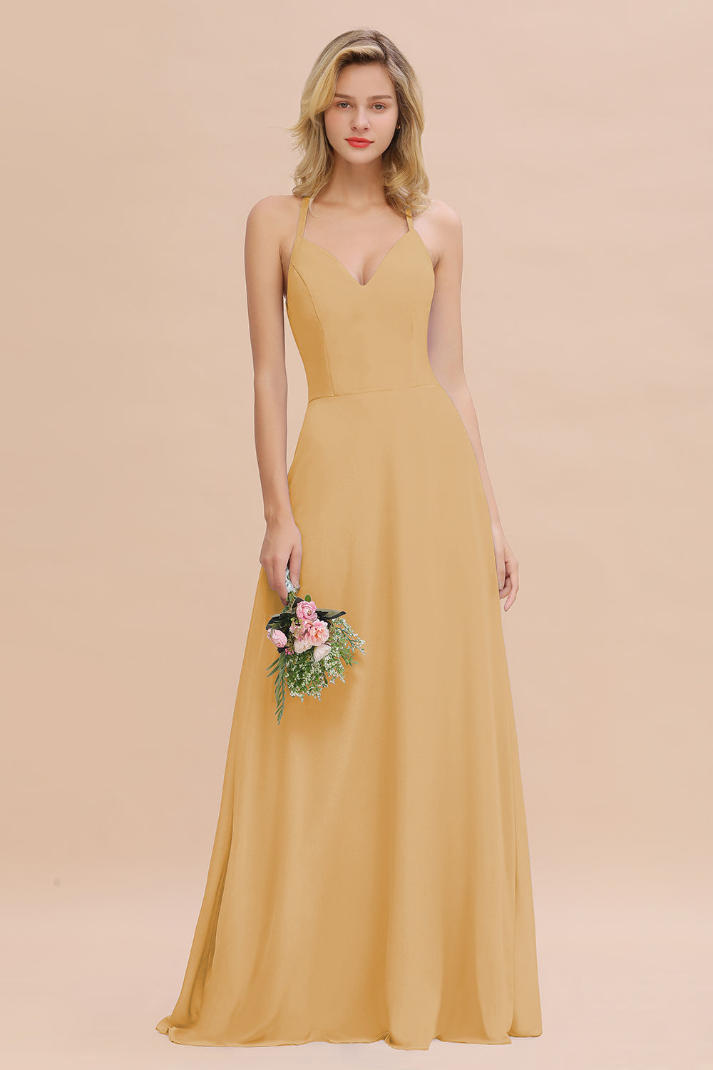 Modest Halter V-Neck Sleeveless Long Bridesmaid dresses - Fashionpara