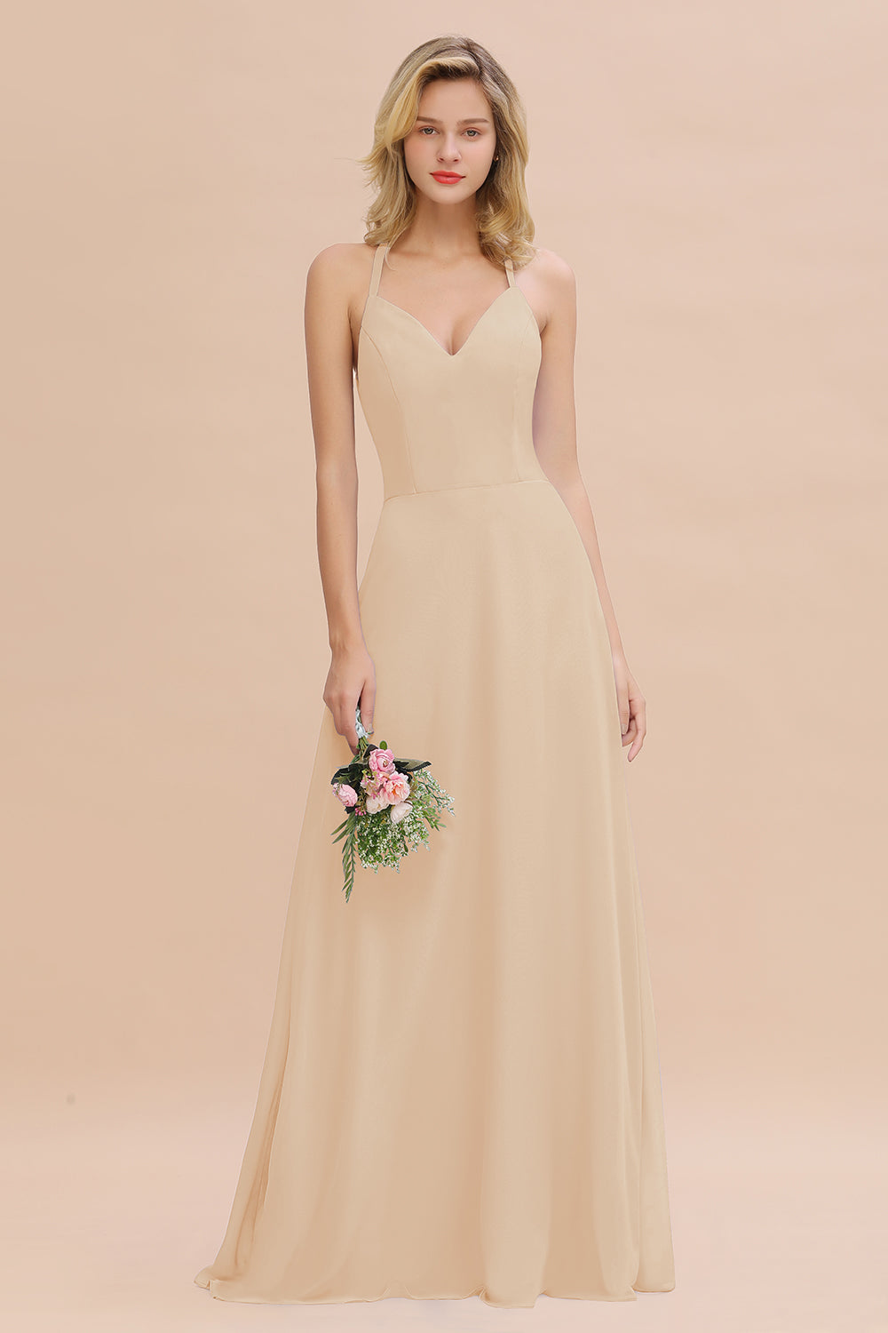 Modest Halter V-Neck Sleeveless Long Bridesmaid dresses - Fashionpara