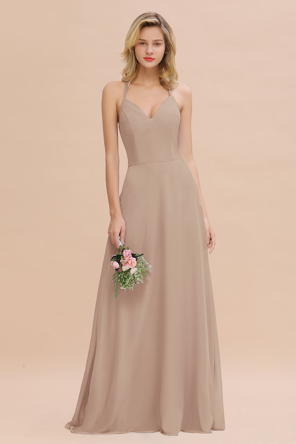 Modest Halter V-Neck Sleeveless Long Bridesmaid dresses - Fashionpara