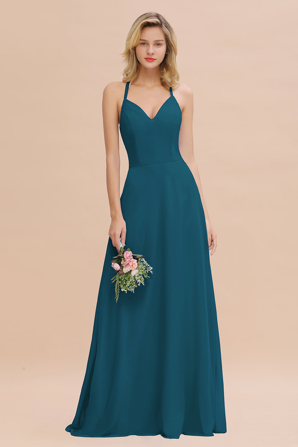 Modest Halter V-Neck Sleeveless Long Bridesmaid dresses - Fashionpara