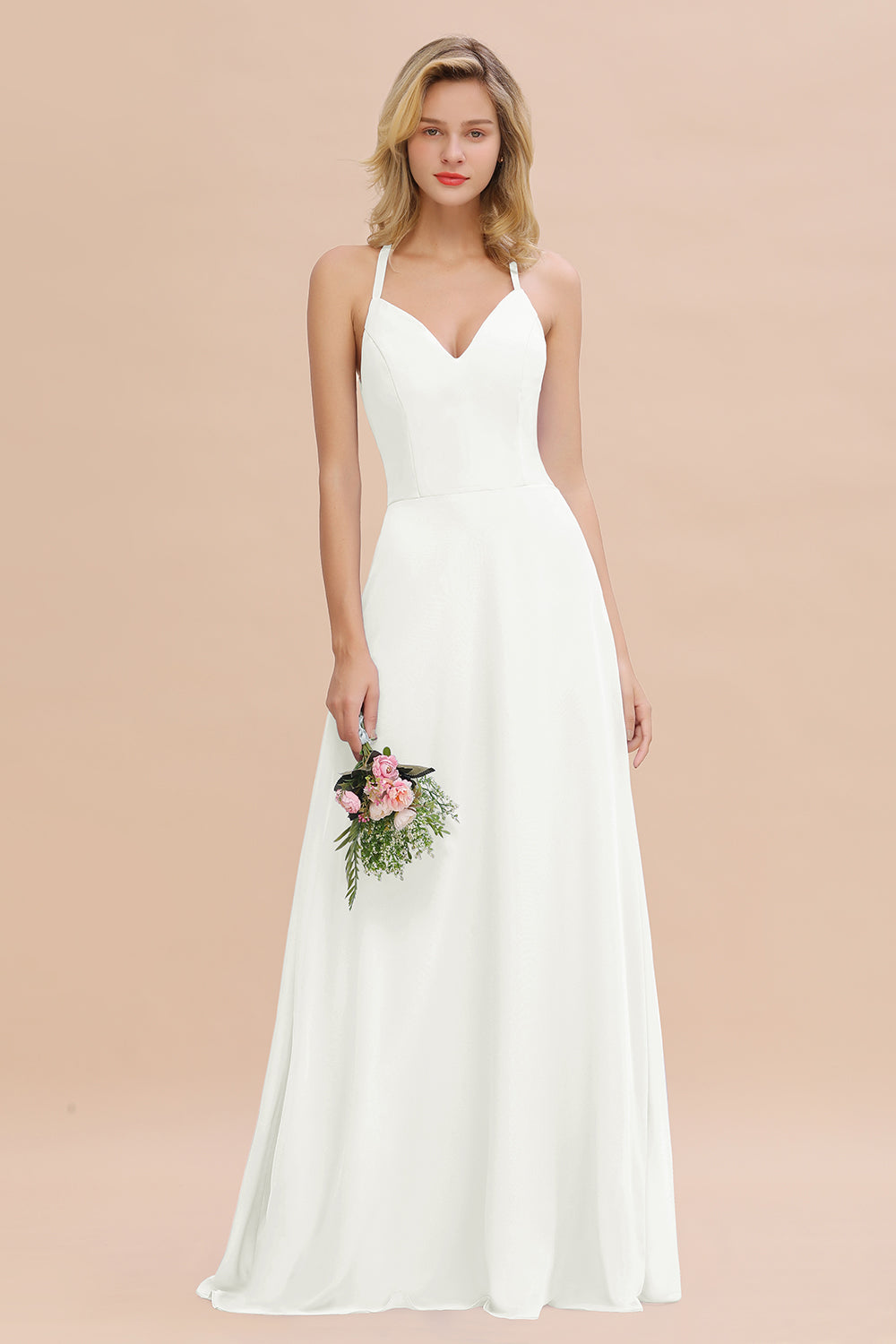 Modest Halter V-Neck Sleeveless Long Bridesmaid dresses - Fashionpara