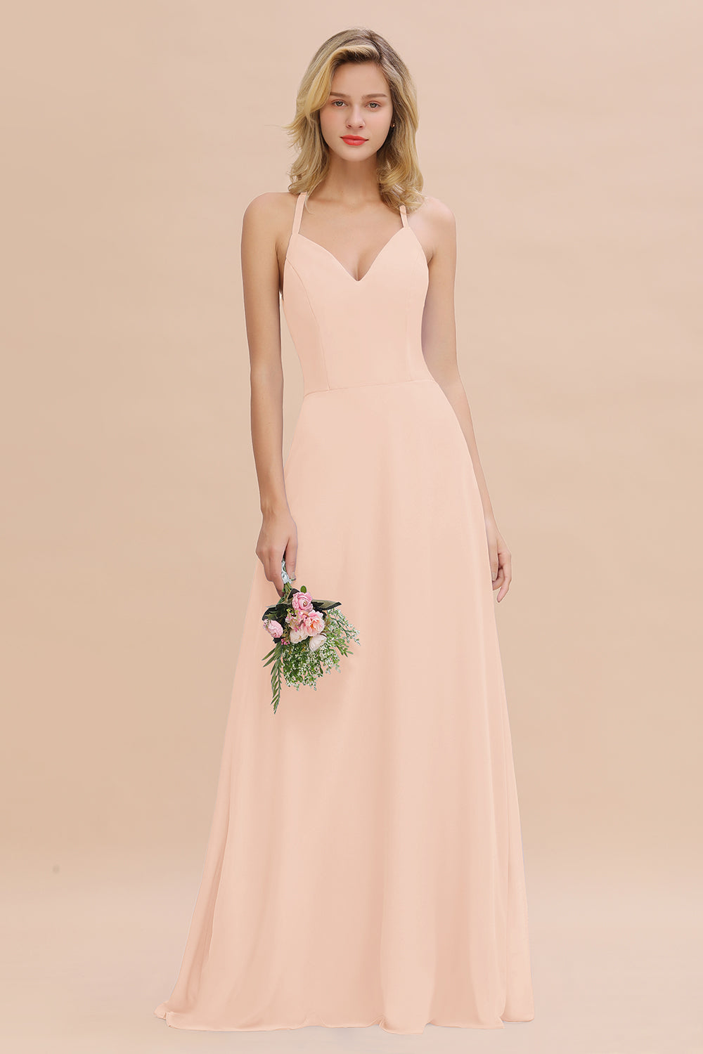 Modest Halter V-Neck Sleeveless Long Bridesmaid dresses - Fashionpara