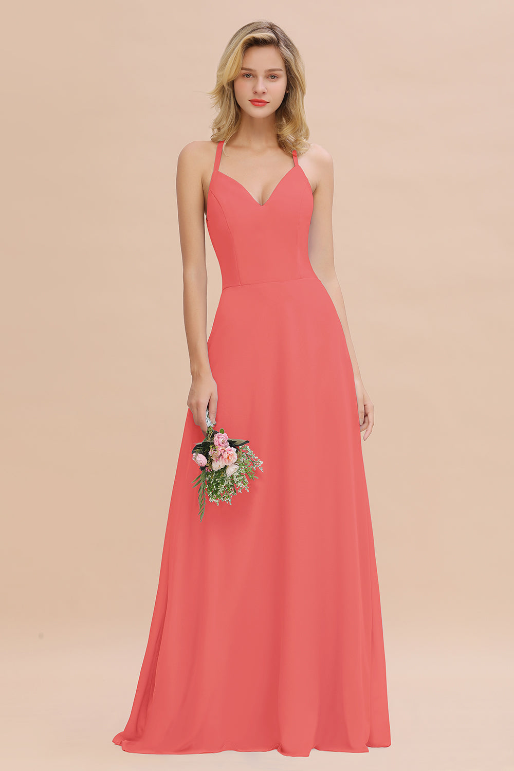 Modest Halter V-Neck Sleeveless Long Bridesmaid dresses - Fashionpara